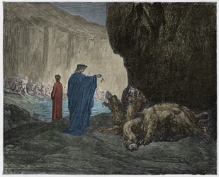 Enfer, chant VI : Virgile nourrit Cerbère dans le troisième cercle, illustration de la Divine Comédie de Dante Alighieri, 1885